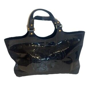 Auth. Tory Burch Bombe Tote Patent Leather Big Perforated Logo Navy Blue